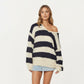 Oversized Striped Knit Sweater with Soft Chunky Texture Slouchy Off-Shoulder Fit and Drop-Sleeve Silhouette