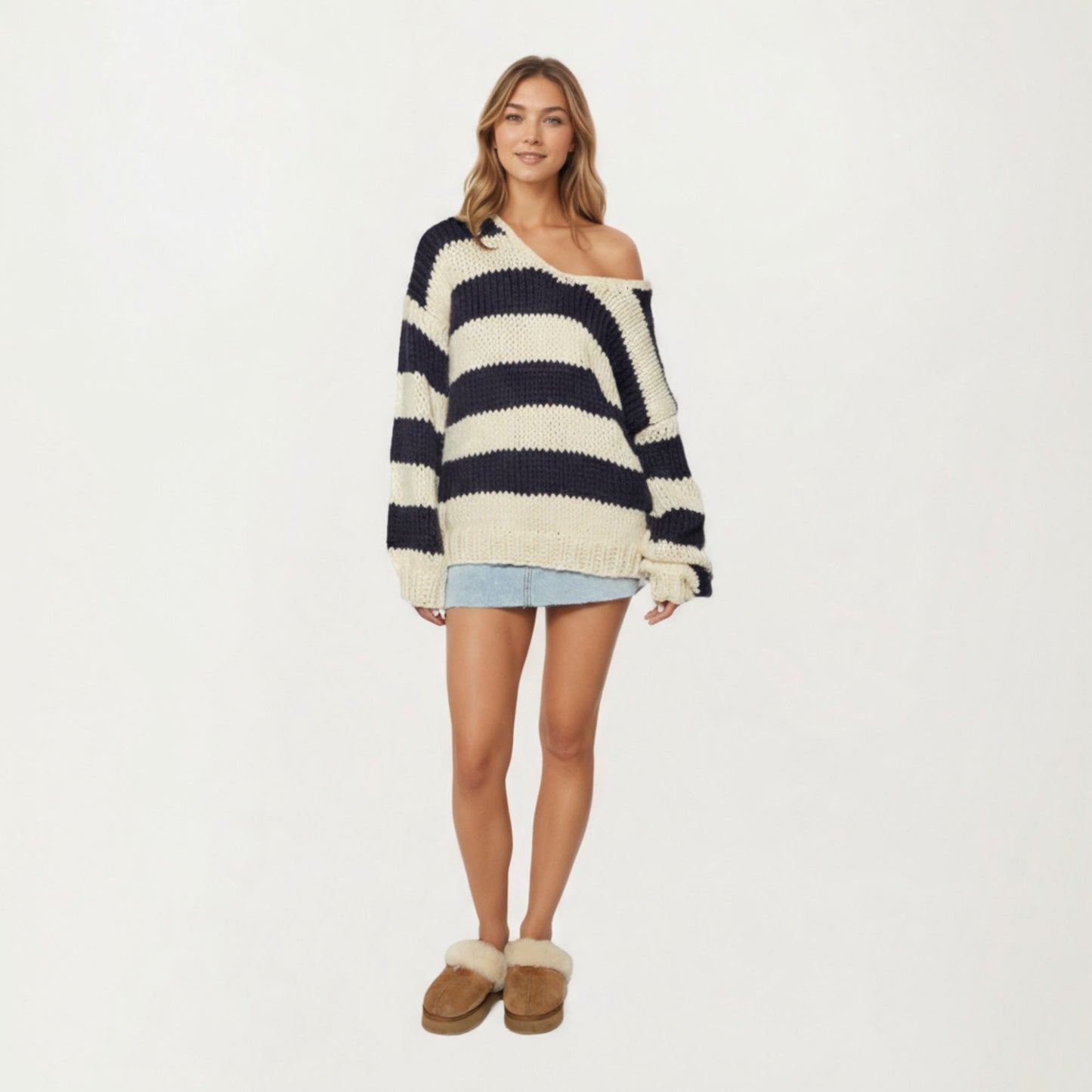 Oversized Striped Knit Sweater with Soft Chunky Texture Slouchy Off-Shoulder Fit and Drop-Sleeve Silhouette