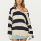 Oversized Striped Knit Sweater with Soft Chunky Texture Slouchy Off-Shoulder Fit and Drop-Sleeve Silhouette