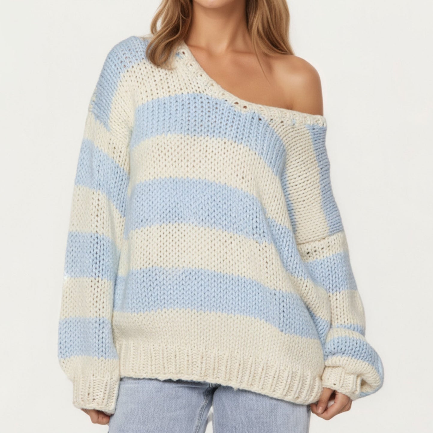 Oversized Striped Knit Sweater with Soft Chunky Texture Slouchy Off-Shoulder Fit and Drop-Sleeve Silhouette
