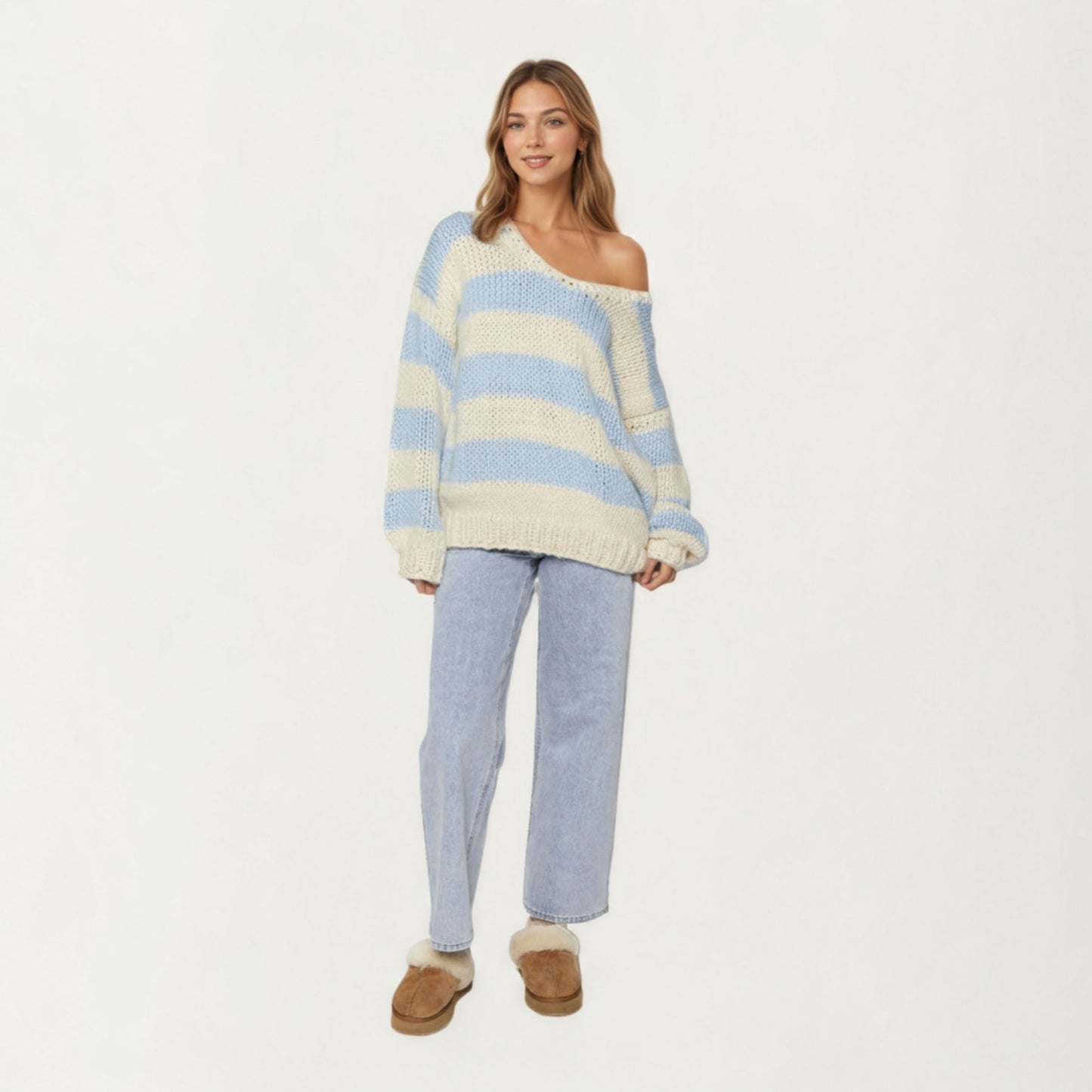 Oversized Striped Knit Sweater with Soft Chunky Texture Slouchy Off-Shoulder Fit and Drop-Sleeve Silhouette