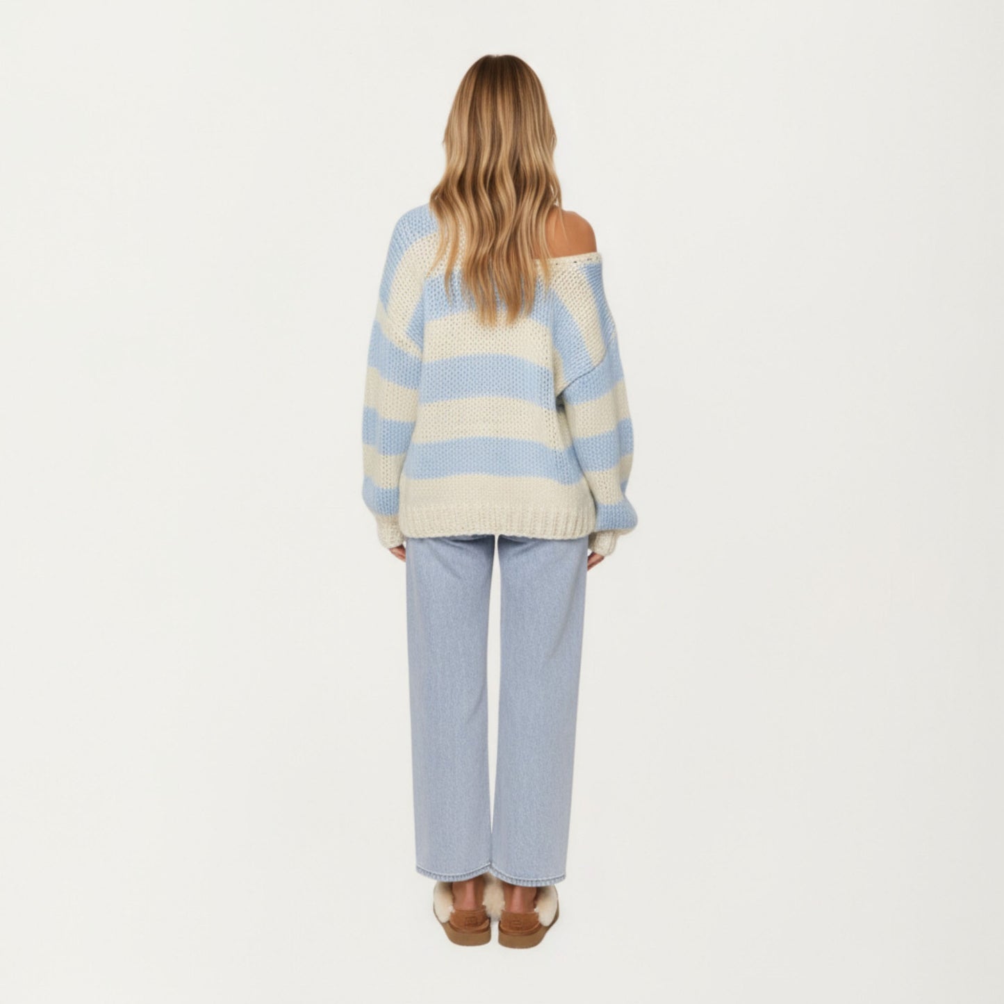 Oversized Striped Knit Sweater with Soft Chunky Texture Slouchy Off-Shoulder Fit and Drop-Sleeve Silhouette