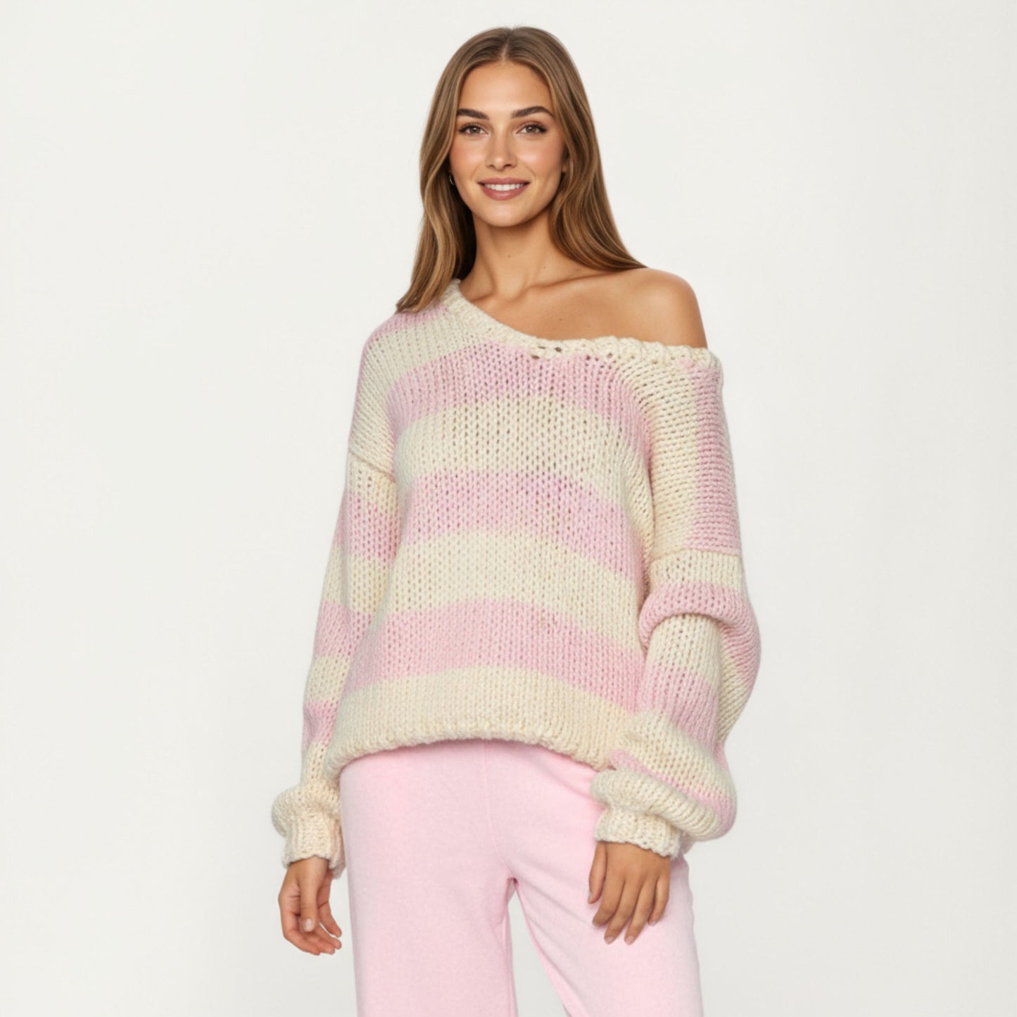 Oversized Striped Knit Sweater with Soft Chunky Texture Slouchy Off-Shoulder Fit and Drop-Sleeve Silhouette