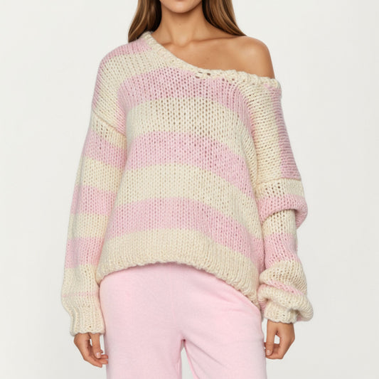 Oversized Striped Knit Sweater with Soft Chunky Texture Slouchy Off-Shoulder Fit and Drop-Sleeve Silhouette
