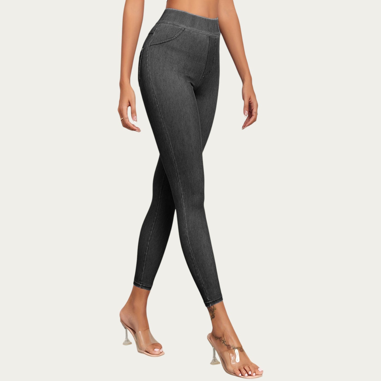 High Waist Denim Look Leggings with Smooth Stretch Fabric Faux Pocket Details and Sleek Contoured Fit