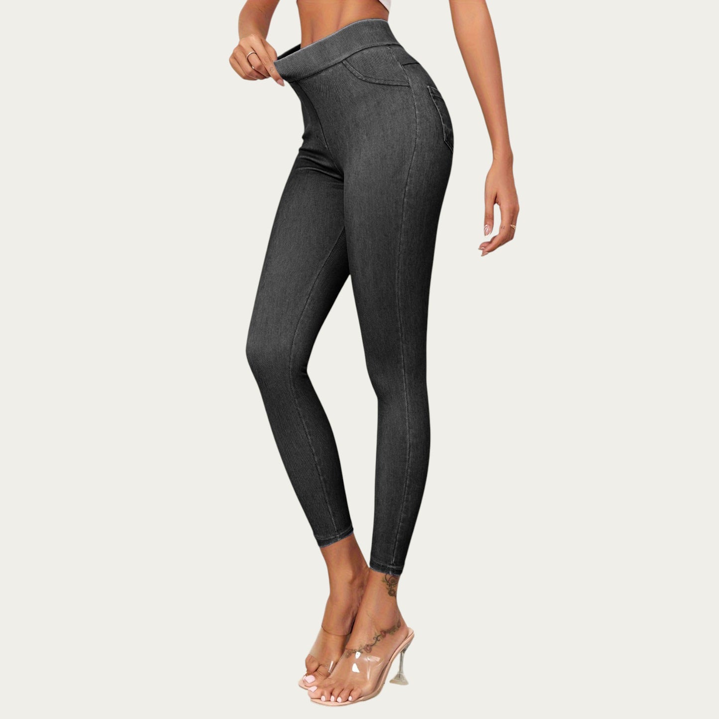 High Waist Denim Look Leggings with Smooth Stretch Fabric Faux Pocket Details and Sleek Contoured Fit