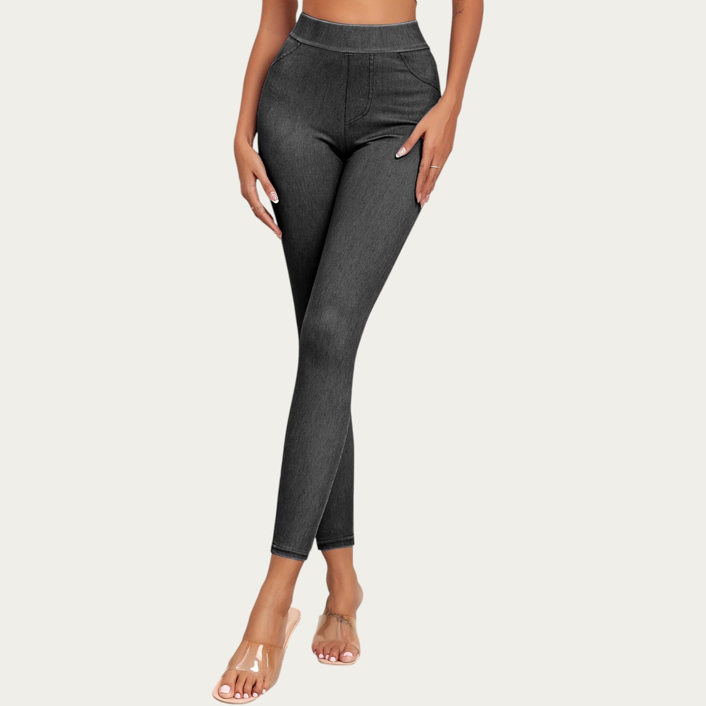 High Waist Denim Look Leggings with Smooth Stretch Fabric Faux Pocket Details and Sleek Contoured Fit