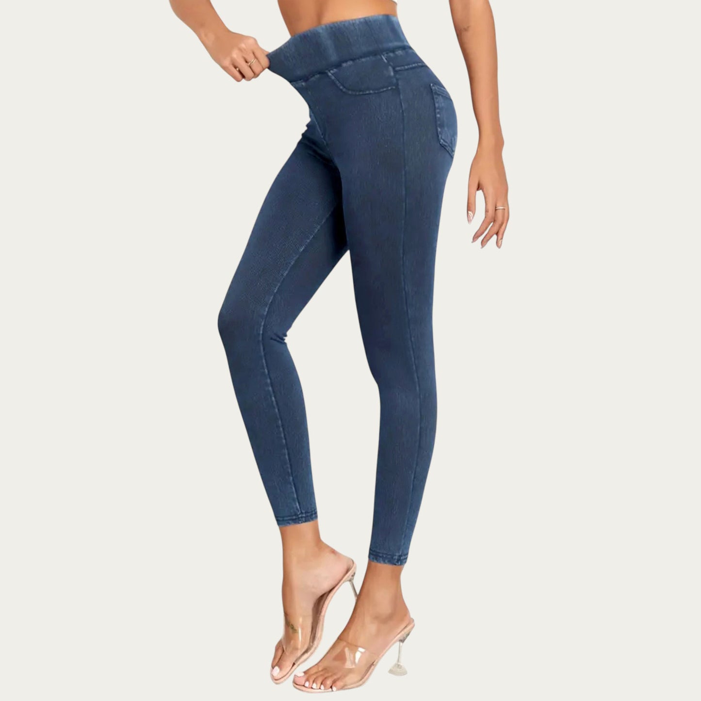 High Waist Denim Look Leggings with Smooth Stretch Fabric Faux Pocket Details and Sleek Contoured Fit