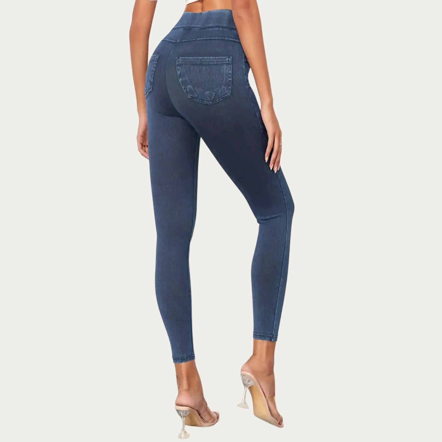 High Waist Denim Look Leggings with Smooth Stretch Fabric Faux Pocket Details and Sleek Contoured Fit