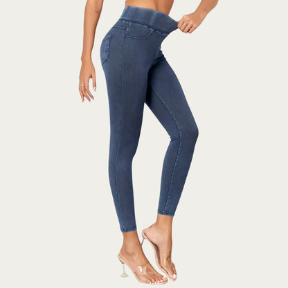 High Waist Denim Look Leggings with Smooth Stretch Fabric Faux Pocket Details and Sleek Contoured Fit