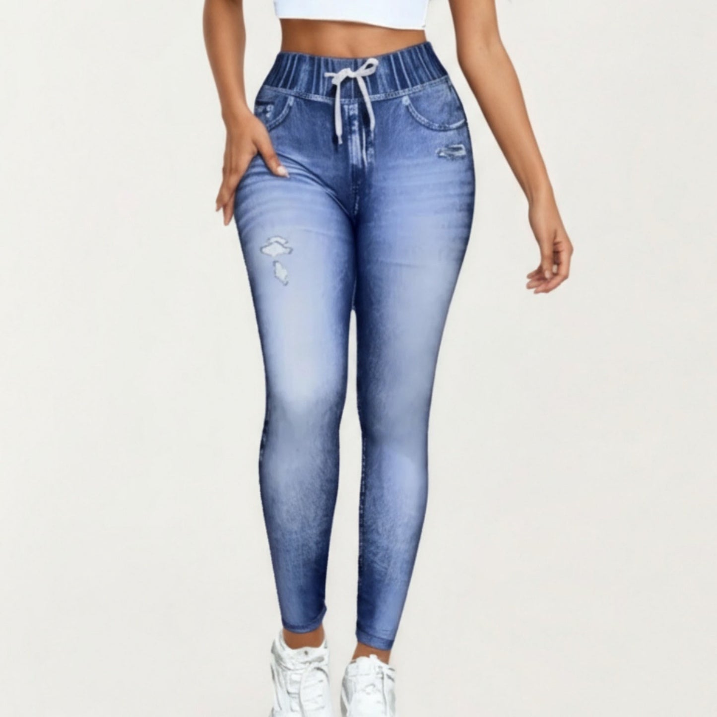 High Waist Denim Print Leggings with Drawstring Waistband and Stretch Fit Design Featuring Faux Pocket