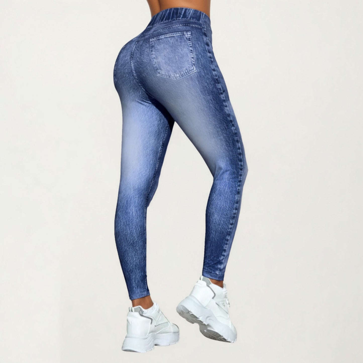 High Waist Denim Print Leggings with Drawstring Waistband and Stretch Fit Design Featuring Faux Pocket