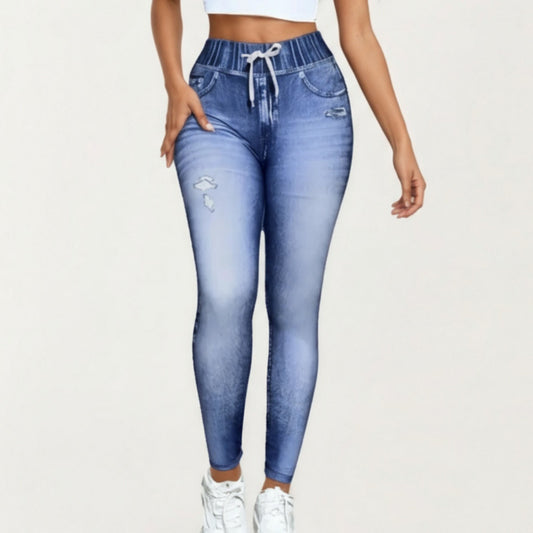 High Waist Denim Print Leggings with Drawstring Waistband and Stretch Fit Design Featuring Faux Pocket