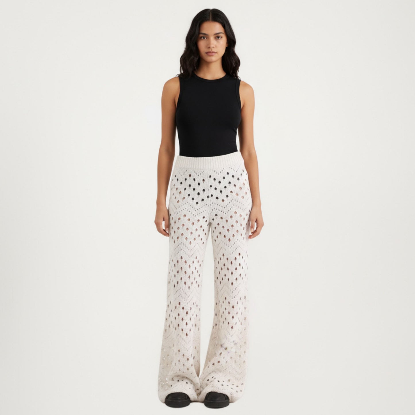 Crochet Knit 2-Piece Set with Open Front Cardigan and Wide Leg Pants Featuring Soft Textured Stitching