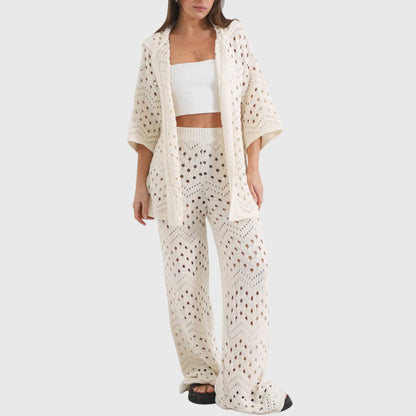 Crochet Knit 2-Piece Set with Open Front Cardigan and Wide Leg Pants Featuring Soft Textured Stitching