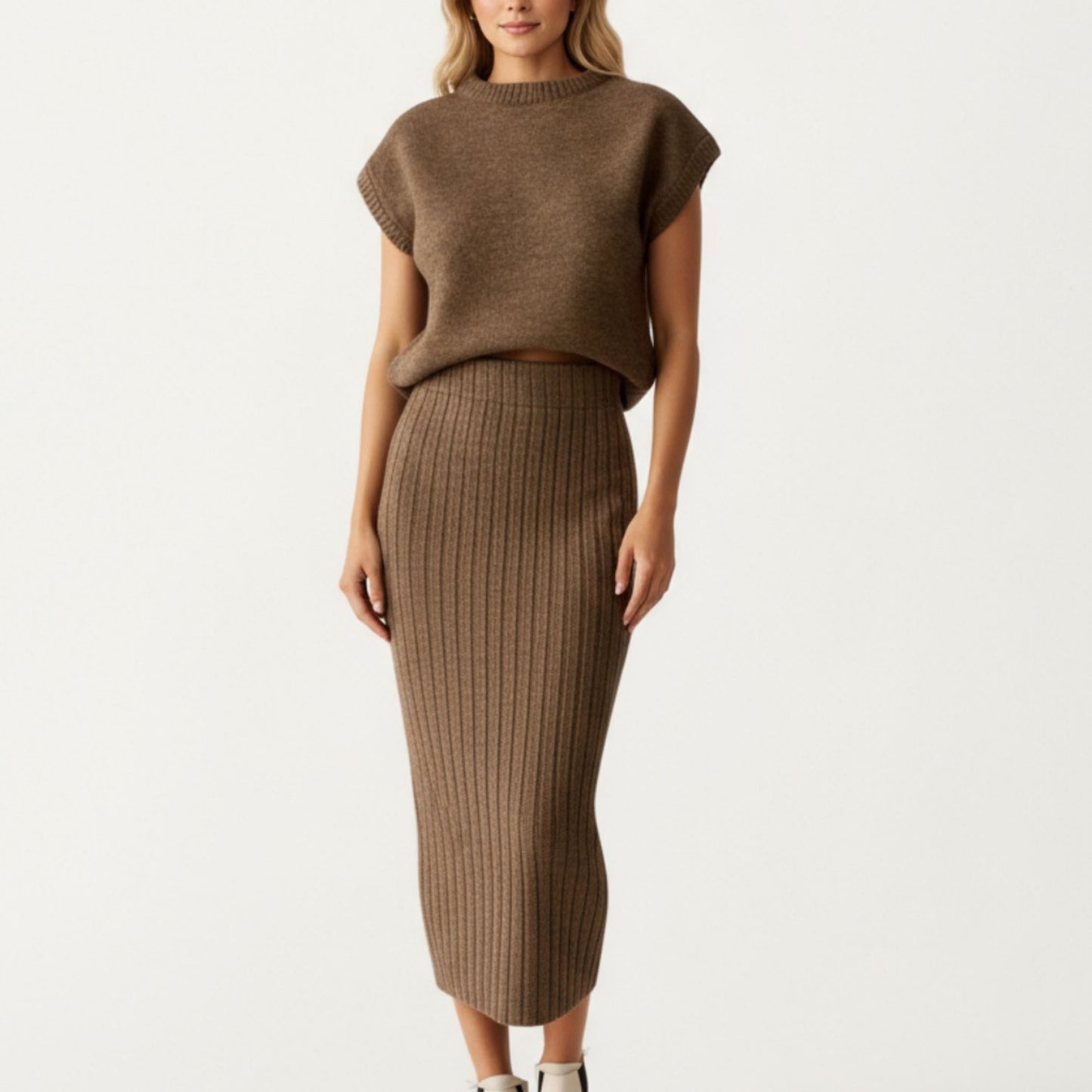 Ribbed Knit Sleeveless Top and Matching High Waist Midi Skirt Set with Soft Textured Finish and Streamlined Fit