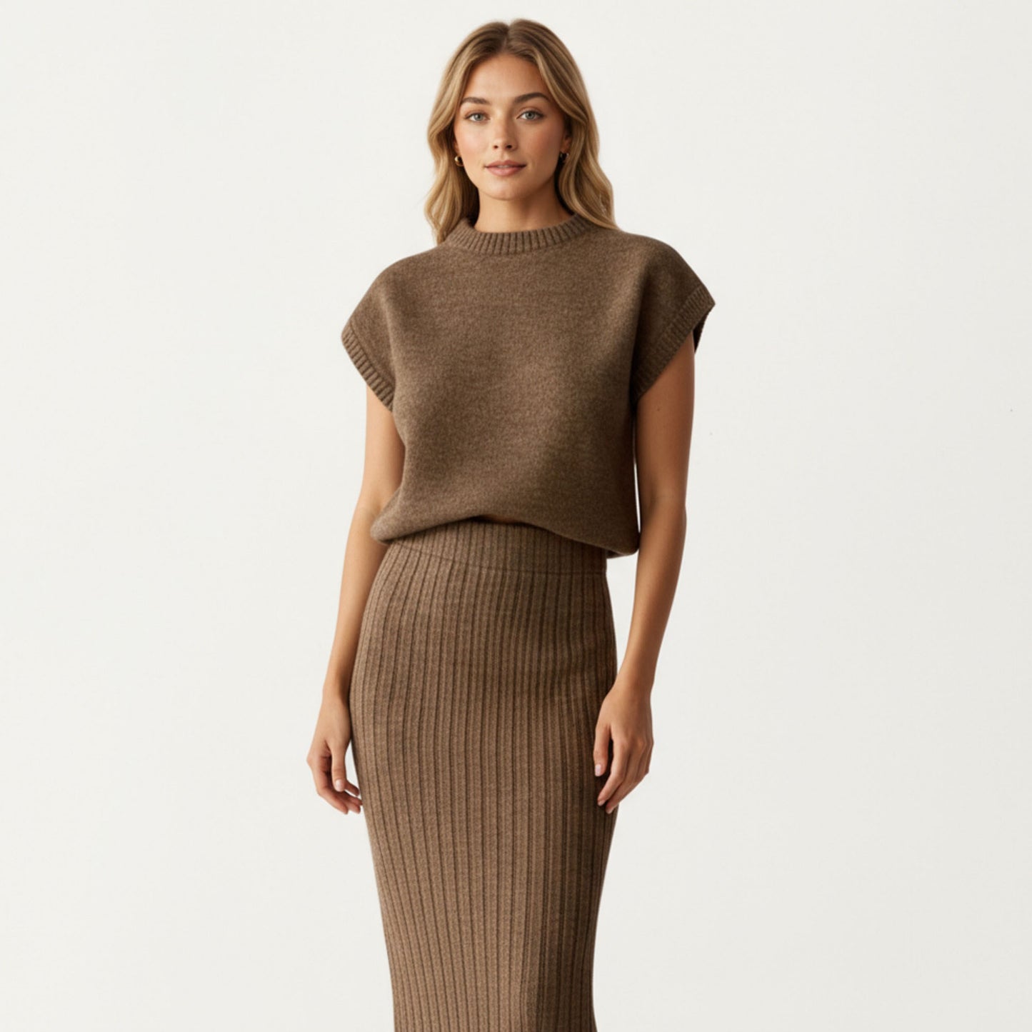 Ribbed Knit Sleeveless Top and Matching High Waist Midi Skirt Set with Soft Textured Finish and Streamlined Fit
