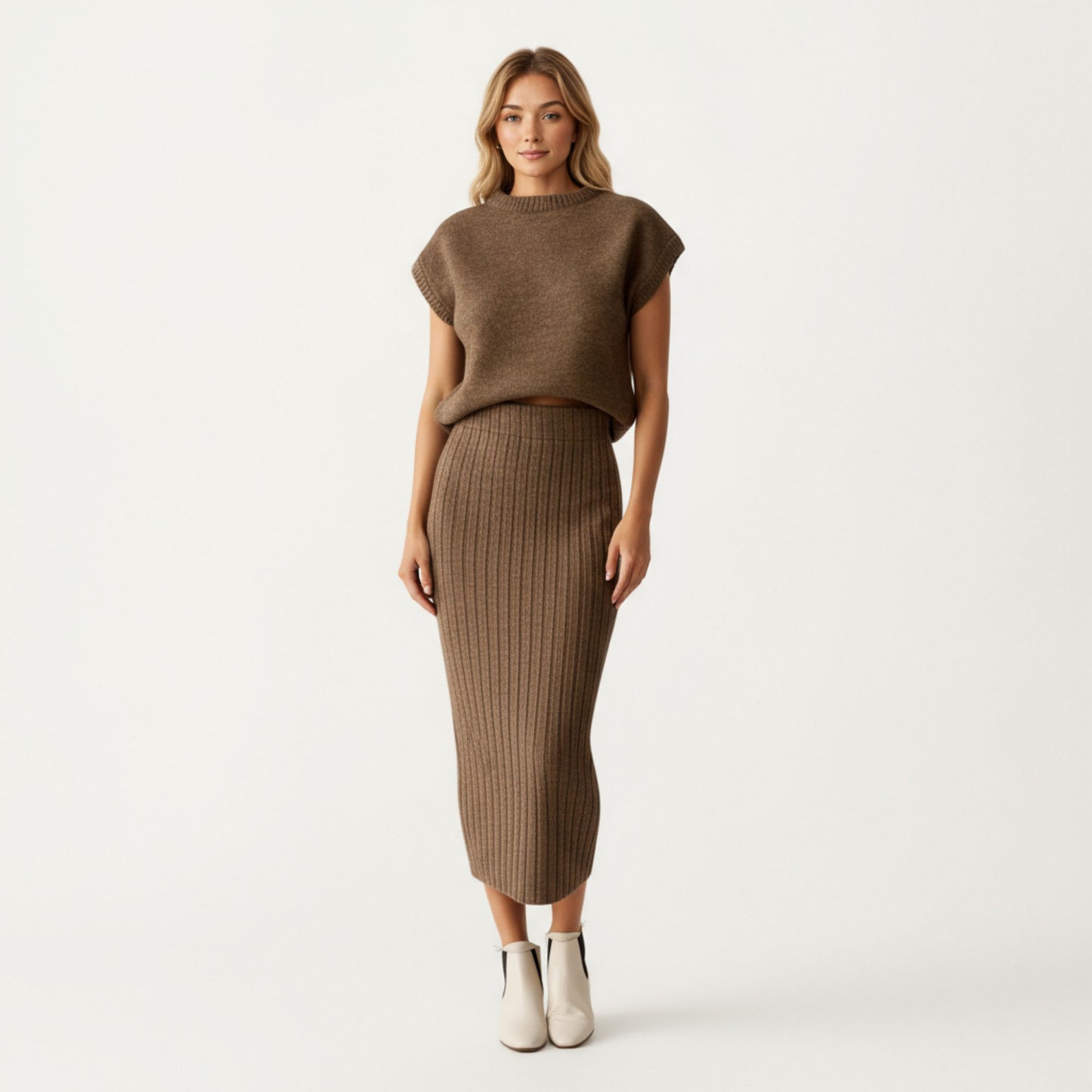 Ribbed Knit Sleeveless Top and Matching High Waist Midi Skirt Set with Soft Textured Finish and Streamlined Fit