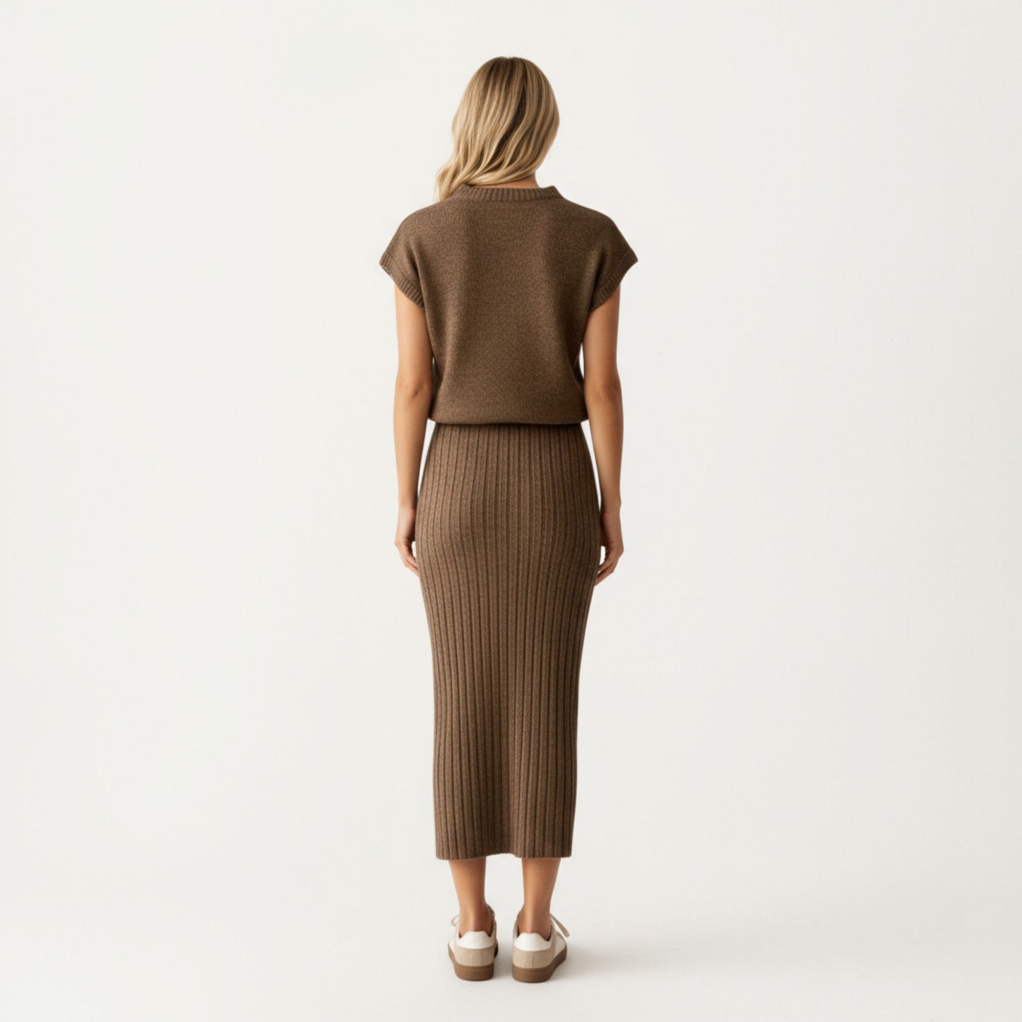 Ribbed Knit Sleeveless Top and Matching High Waist Midi Skirt Set with Soft Textured Finish and Streamlined Fit