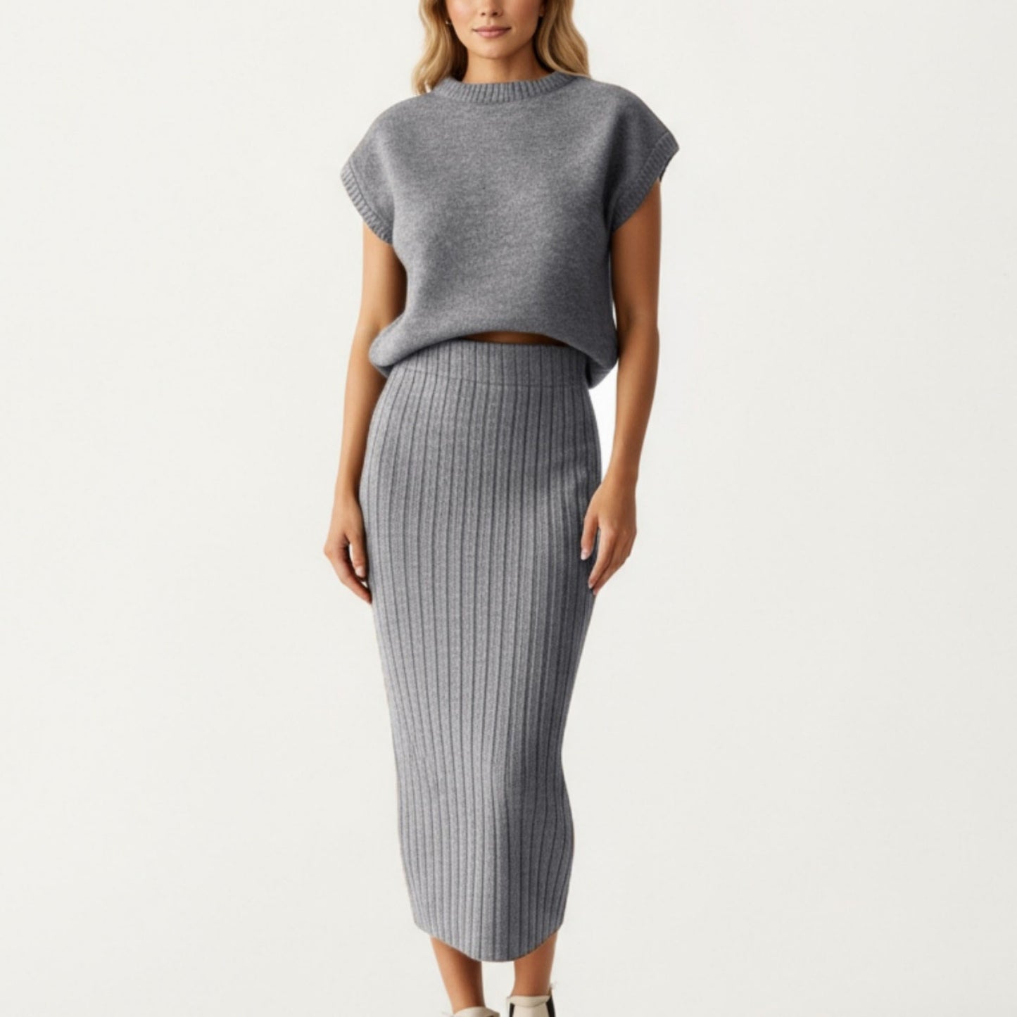 Ribbed Knit Sleeveless Top and Matching High Waist Midi Skirt Set with Soft Textured Finish and Streamlined Fit