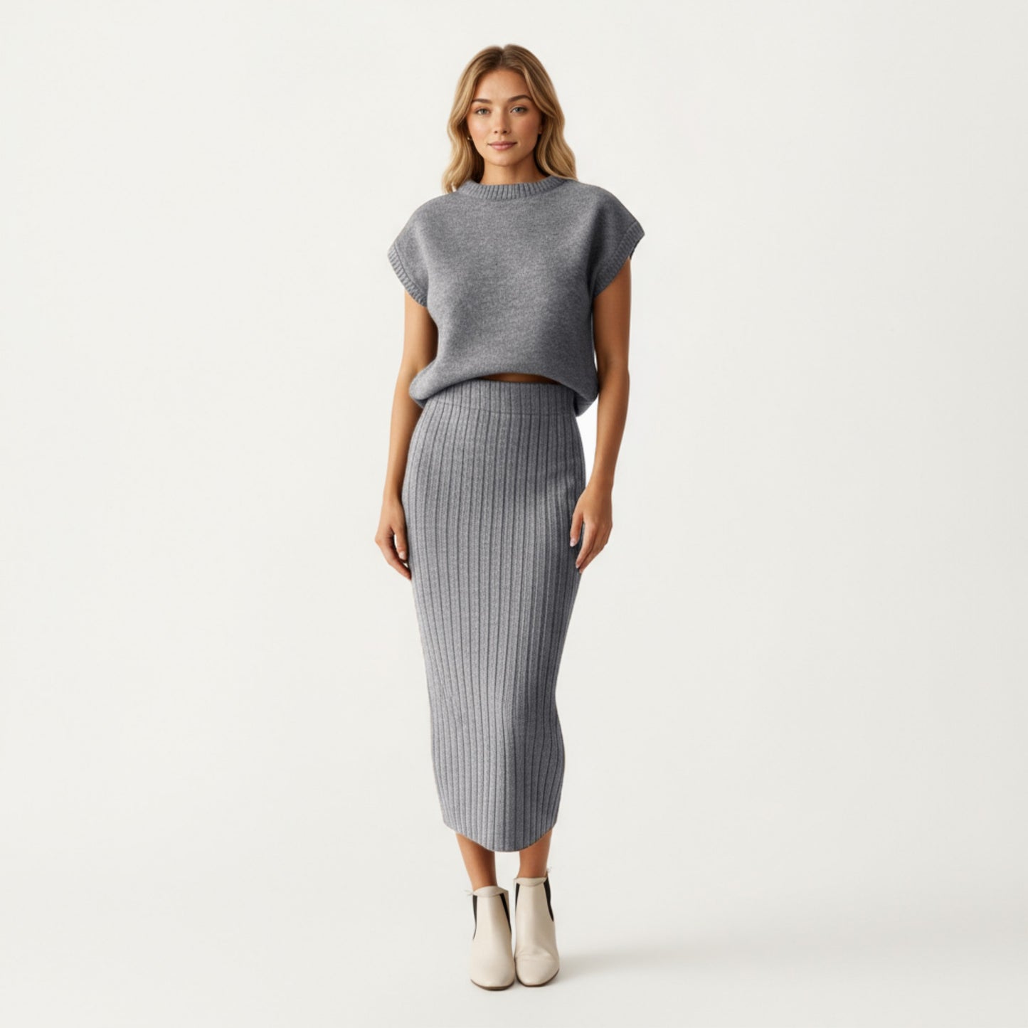 Ribbed Knit Sleeveless Top and Matching High Waist Midi Skirt Set with Soft Textured Finish and Streamlined Fit