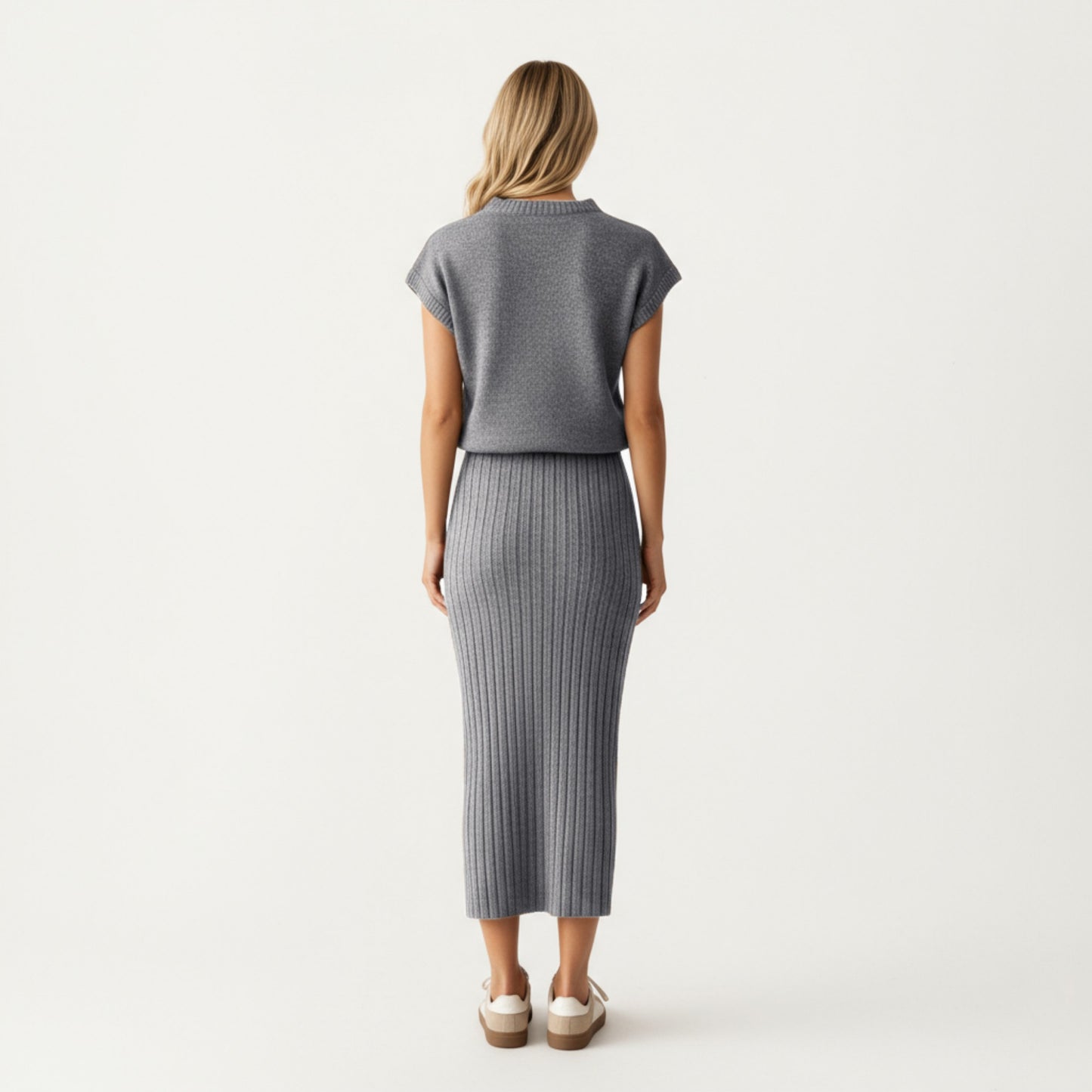 Ribbed Knit Sleeveless Top and Matching High Waist Midi Skirt Set with Soft Textured Finish and Streamlined Fit