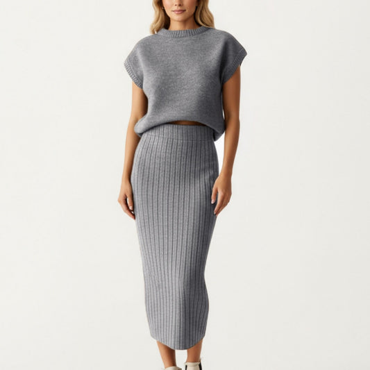 Ribbed Knit Sleeveless Top and Matching High Waist Midi Skirt Set with Soft Textured Finish and Streamlined Fit