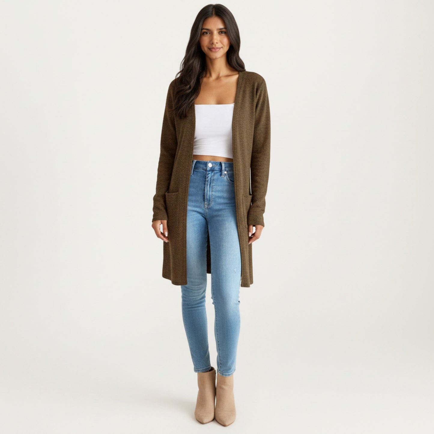 Open Front Long Sleeve Knit Cardigan with Patch Pockets, Soft Stretch Fabric, and Relaxed Fit