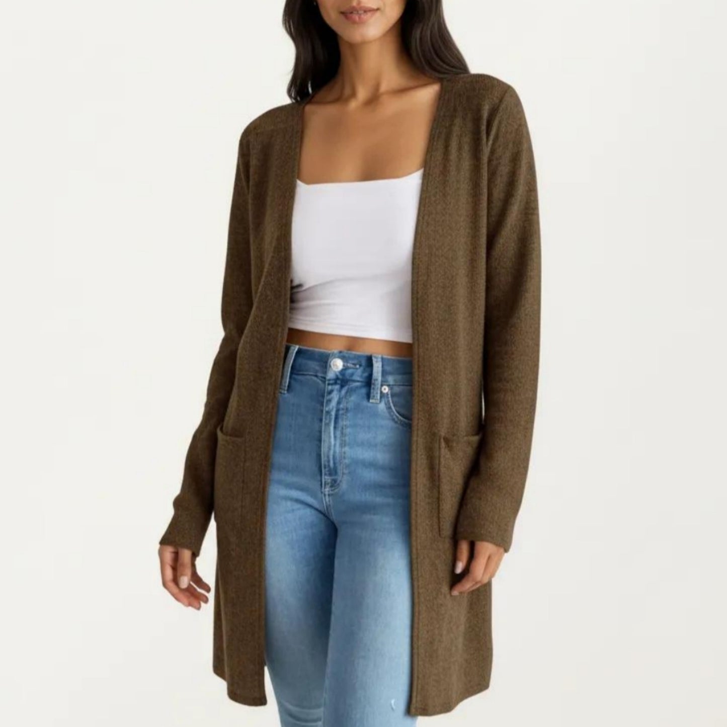 Open Front Long Sleeve Knit Cardigan with Patch Pockets, Soft Stretch Fabric, and Relaxed Fit
