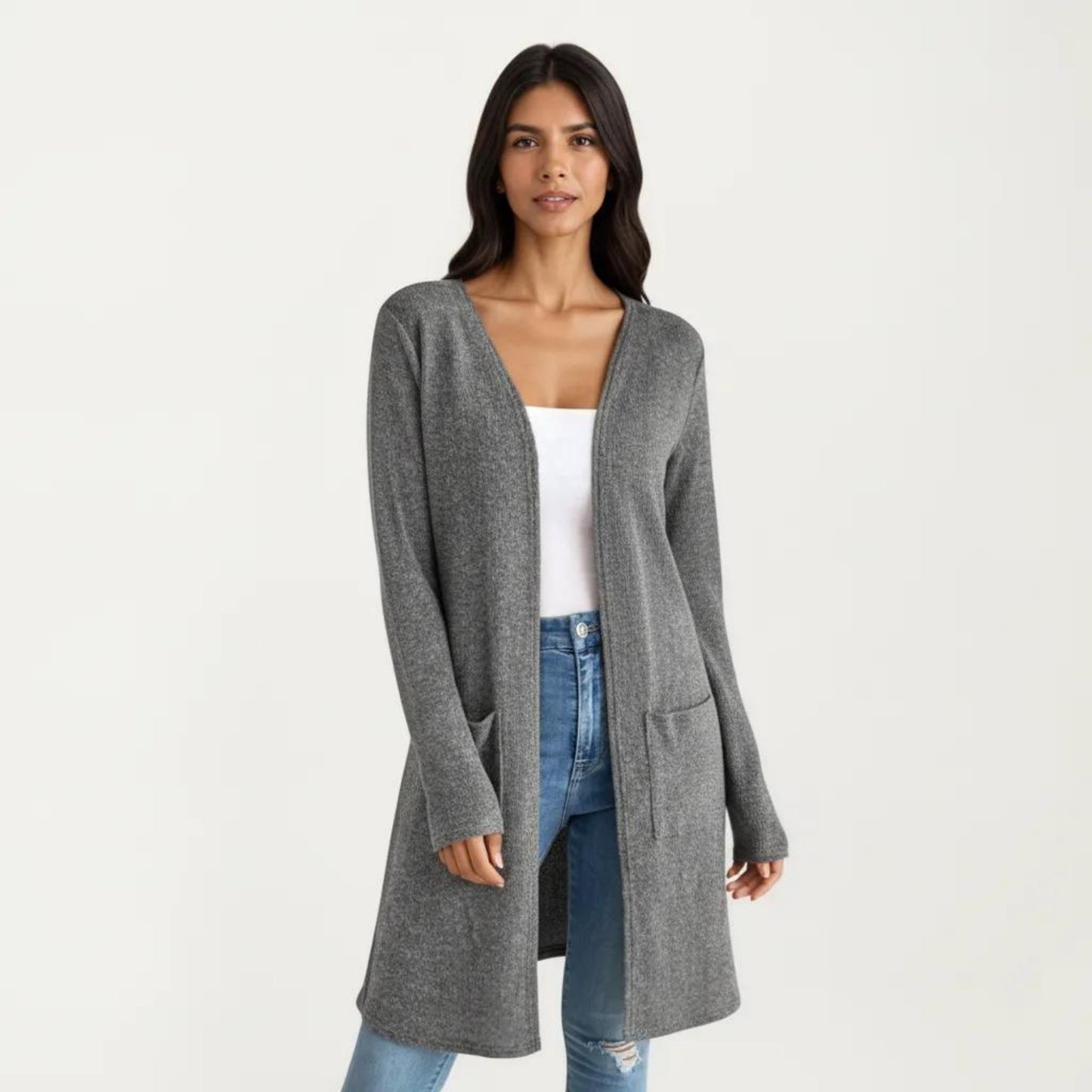 Open Front Long Sleeve Knit Cardigan with Patch Pockets, Soft Stretch Fabric, and Relaxed Fit