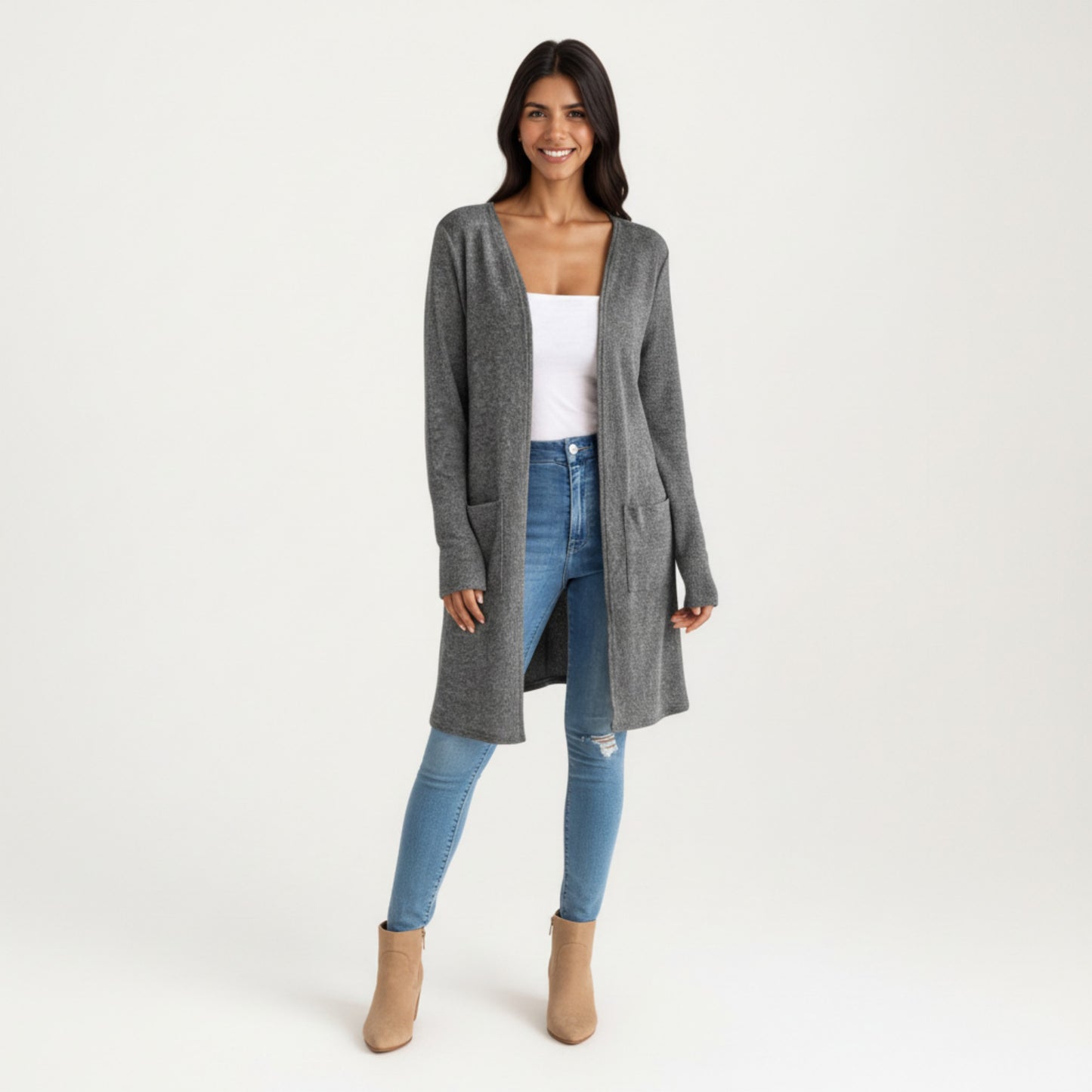 Open Front Long Sleeve Knit Cardigan with Patch Pockets, Soft Stretch Fabric, and Relaxed Fit