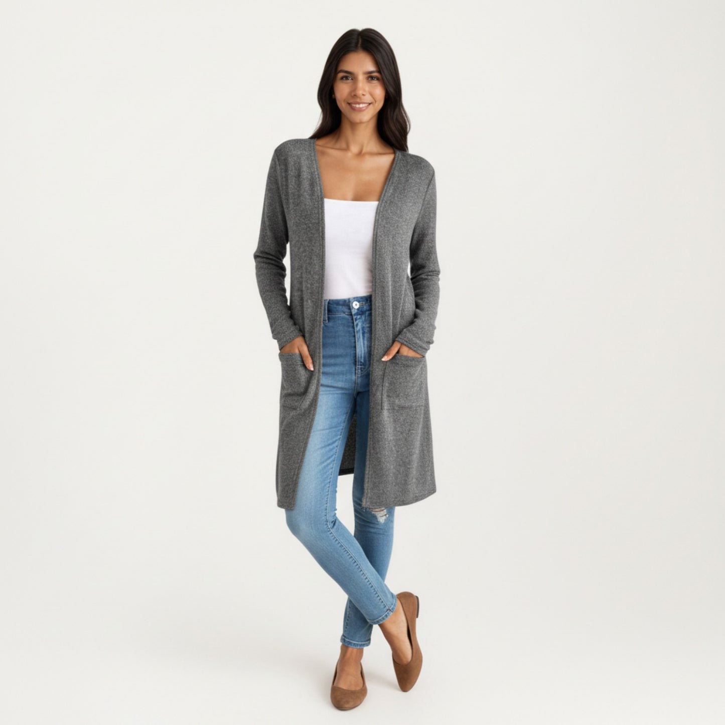 Open Front Long Sleeve Knit Cardigan with Patch Pockets, Soft Stretch Fabric, and Relaxed Fit