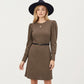 Long Sleeve Ribbed Knit Dress with Puff Shoulders, Crew Neckline, and Soft Stretch Fit