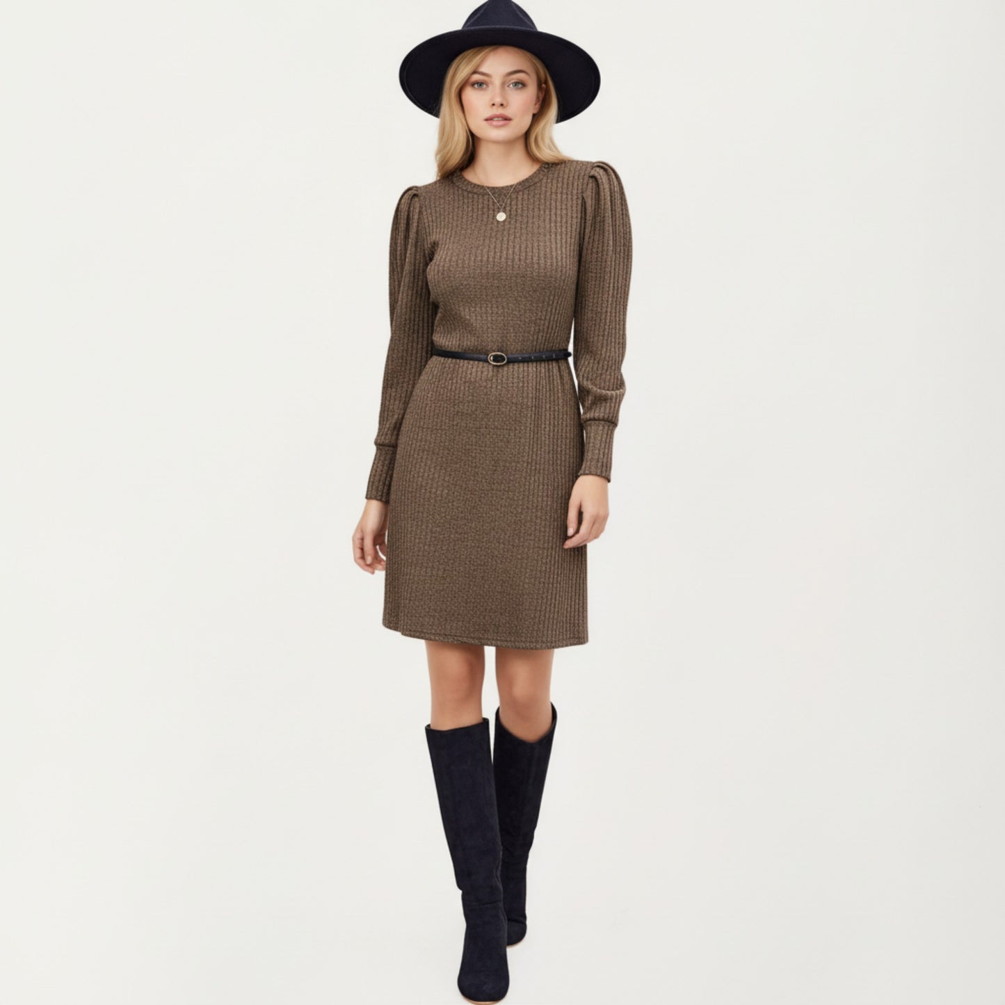 Long Sleeve Ribbed Knit Dress with Puff Shoulders, Crew Neckline, and Soft Stretch Fit