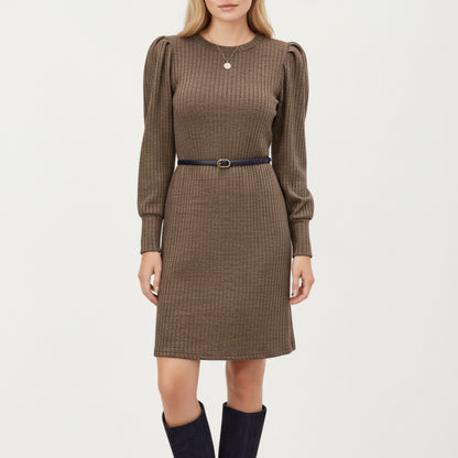 Long Sleeve Ribbed Knit Dress with Puff Shoulders, Crew Neckline, and Soft Stretch Fit