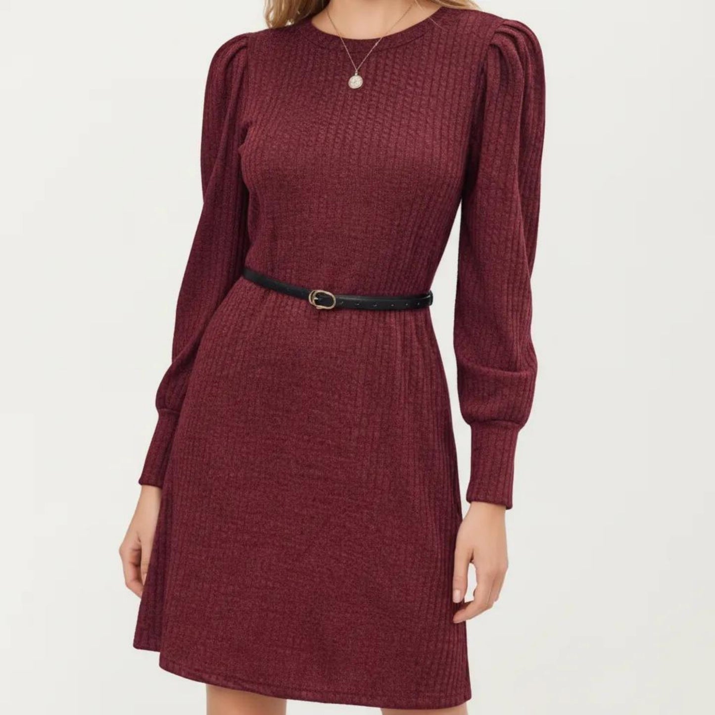 Long Sleeve Ribbed Knit Dress with Puff Shoulders, Crew Neckline, and Soft Stretch Fit
