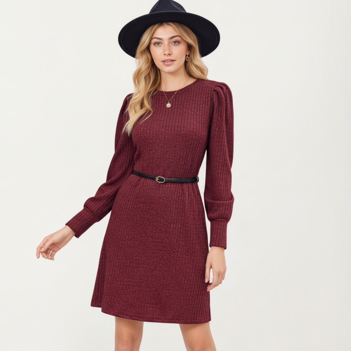 Long Sleeve Ribbed Knit Dress with Puff Shoulders, Crew Neckline, and Soft Stretch Fit