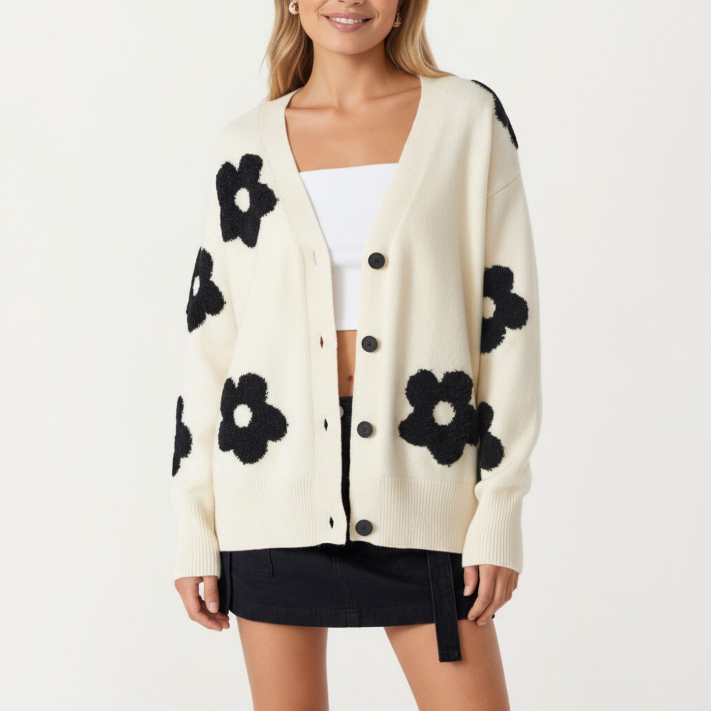 Soft Knit Button Front Cardigan with Oversized Floral Pattern Drop Shoulder Fit and Ribbed Hemline Detailing