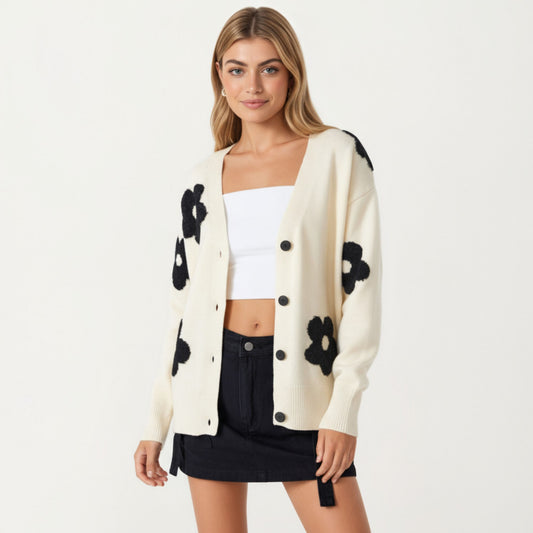 Soft Knit Button Front Cardigan with Oversized Floral Pattern Drop Shoulder Fit and Ribbed Hemline Detailing