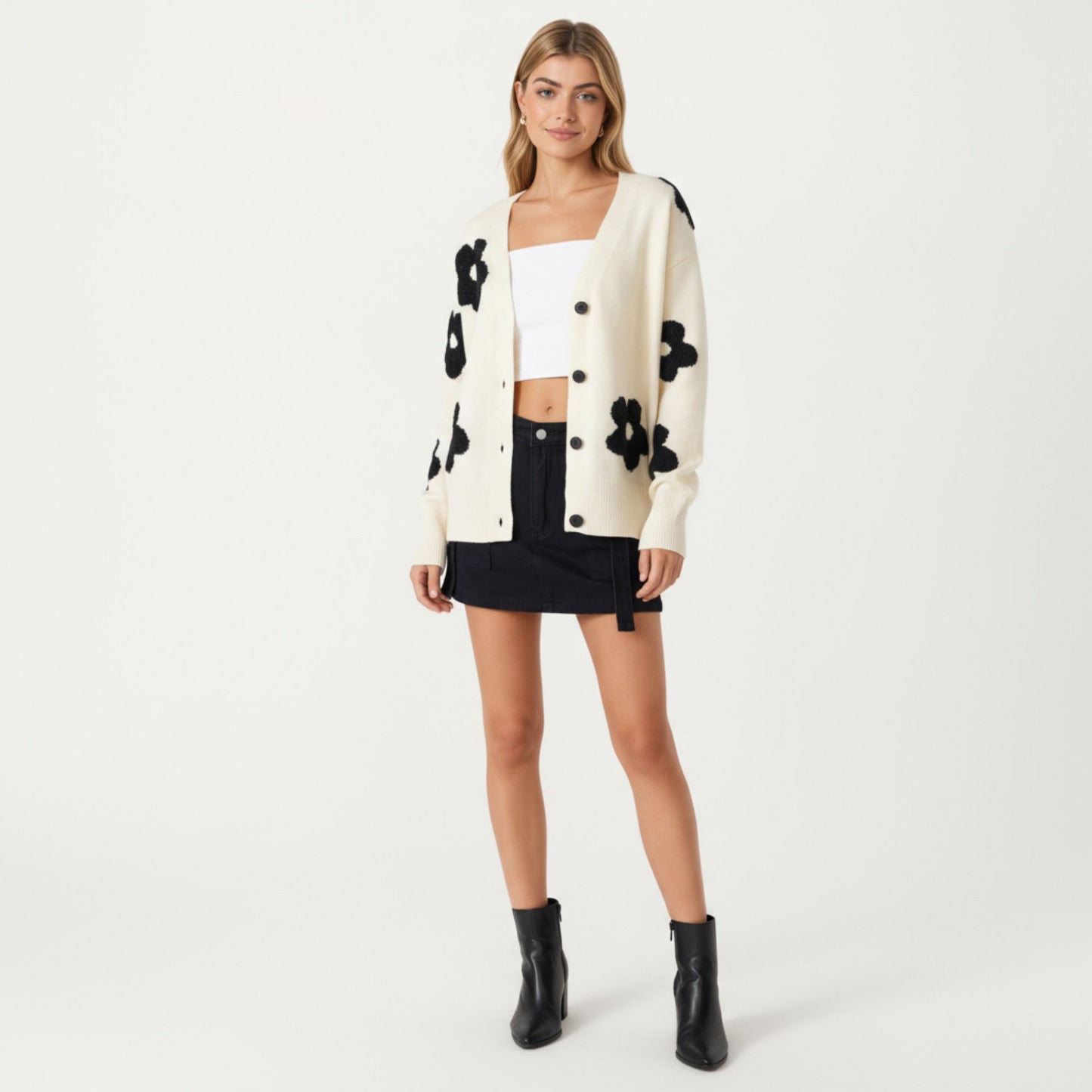 Soft Knit Button Front Cardigan with Oversized Floral Pattern Drop Shoulder Fit and Ribbed Hemline Detailing