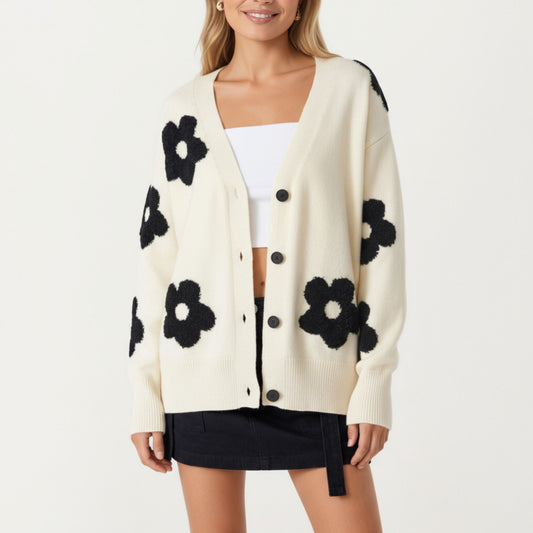 Soft Knit Button Front Cardigan with Oversized Floral Pattern Drop Shoulder Fit and Ribbed Hemline Detailing