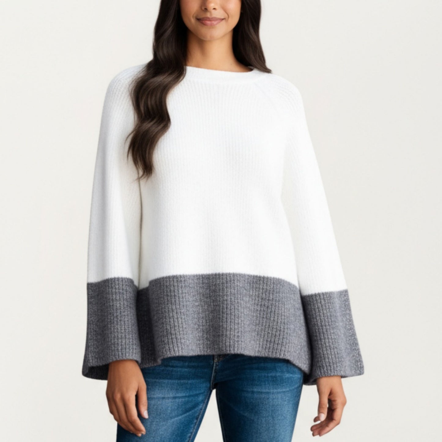 Cozy Rib Knit Sweater Top with Wide Flared Sleeves Soft Two-Tone Panel Design and Relaxed Flowing Silhouette
