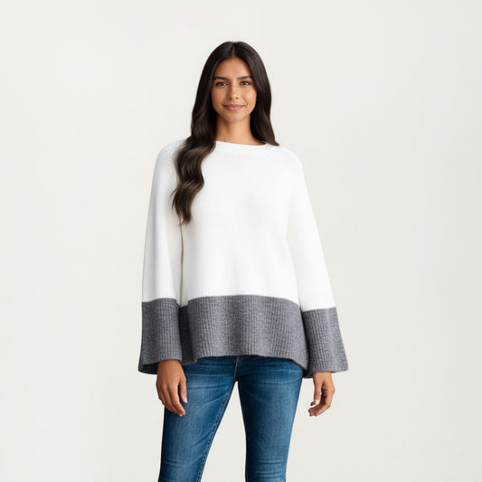 Cozy Rib Knit Sweater Top with Wide Flared Sleeves Soft Two-Tone Panel Design and Relaxed Flowing Silhouette