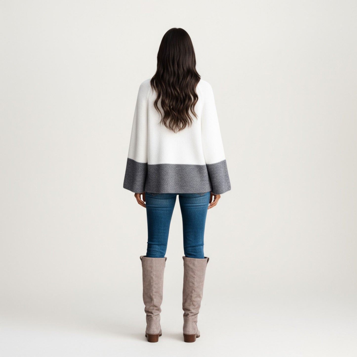 Cozy Rib Knit Sweater Top with Wide Flared Sleeves Soft Two-Tone Panel Design and Relaxed Flowing Silhouette