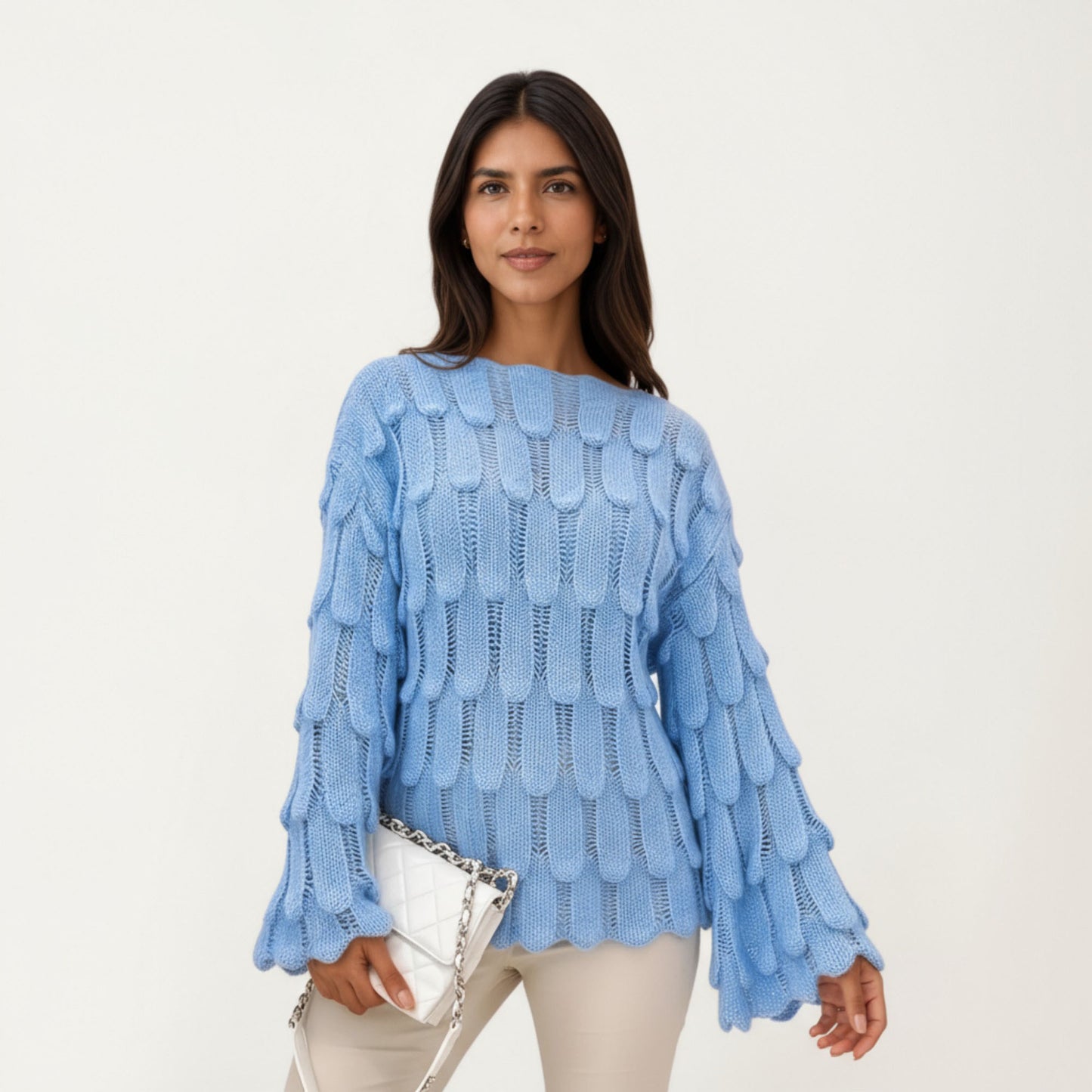 Textured Loop Knit Sweater Top with Soft Open-Stitch Pattern Long Flared Sleeves and Cozy Statement Design