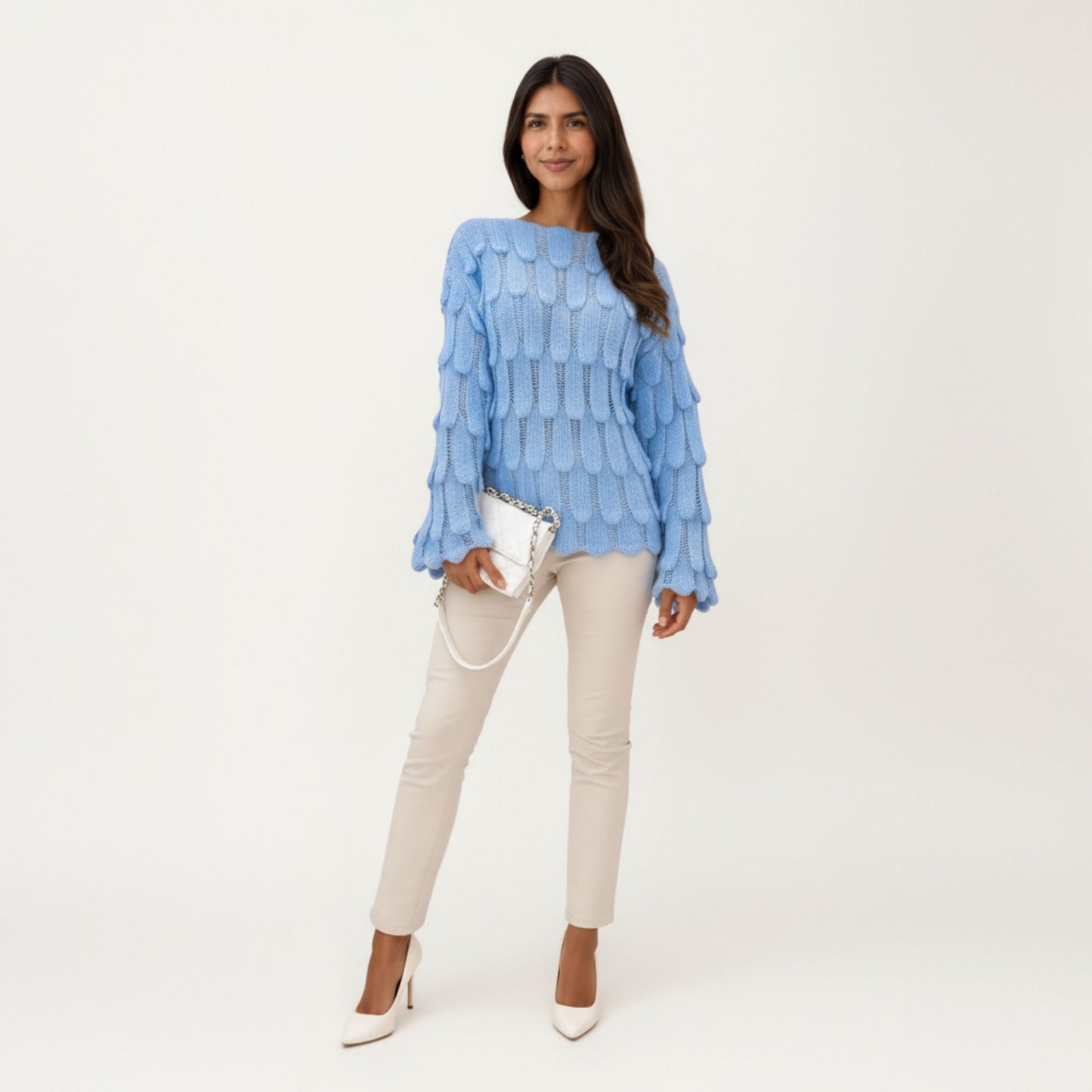 Textured Loop Knit Sweater Top with Soft Open-Stitch Pattern Long Flared Sleeves and Cozy Statement Design