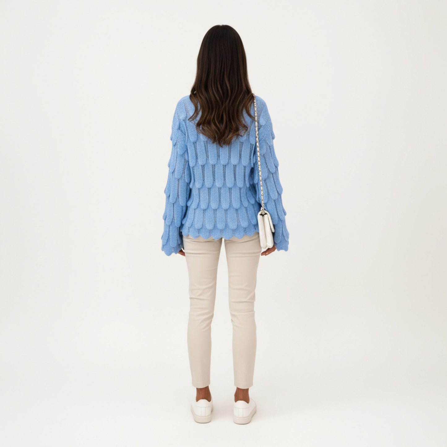 Textured Loop Knit Sweater Top with Soft Open-Stitch Pattern Long Flared Sleeves and Cozy Statement Design