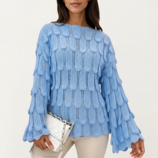 Textured Loop Knit Sweater Top with Soft Open-Stitch Pattern Long Flared Sleeves and Cozy Statement Design