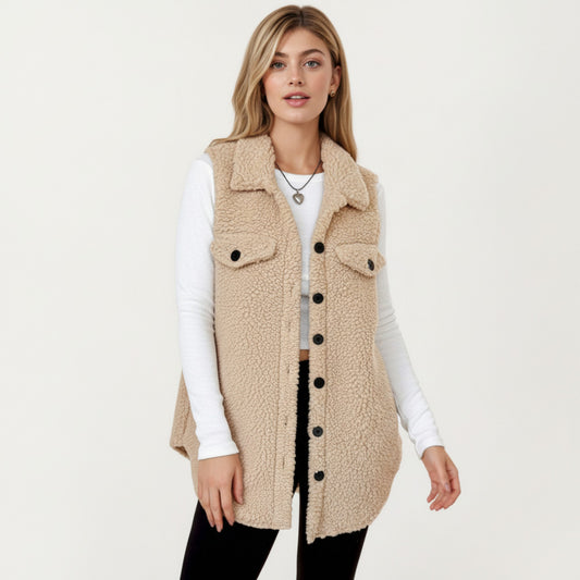 Faux Shearling Button Front Vest with Collared Neckline, Chest Flap Pockets, and Longline Fit