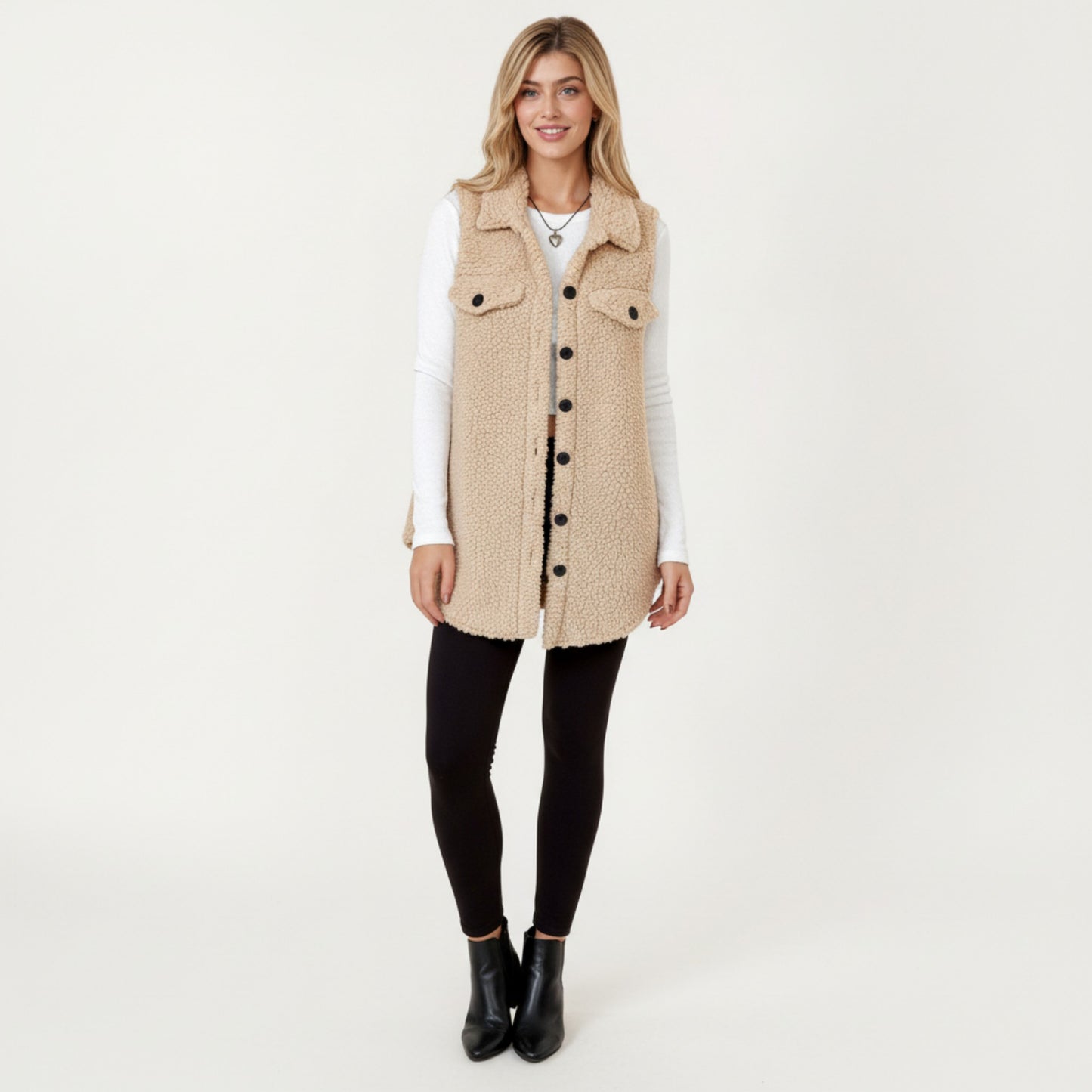 Faux Shearling Button Front Vest with Collared Neckline, Chest Flap Pockets, and Longline Fit
